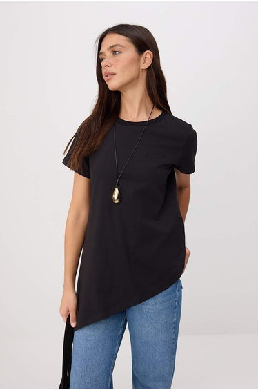 Black Plain Regular Crew Neck Standard Sleeve Short 100% Cotton Knitted Blouse