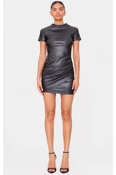 Black Faux Leather Wrap Over Skirt Mini Dress