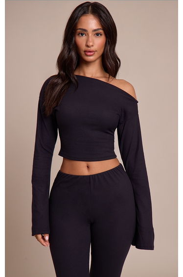 Petite Black Asymmetric Shoulder Long Sleeve Top