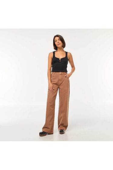 Ribbed vest top with gold-coloured button detail at the neckline BLACK