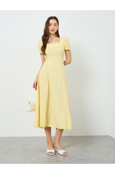 Women Yellow Textured Square Neck Fitted Waist Midi Dress