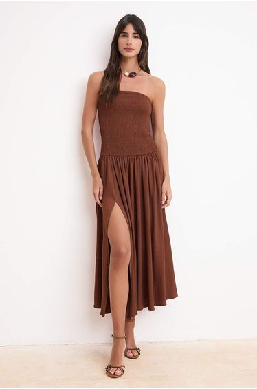 Brown Waist Open Strapless Sleeveless Gipeli Textured Knitted Dress