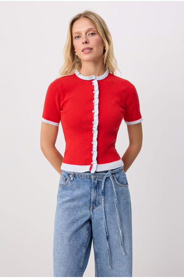 Red Premium Yarn Color Block Detailed Soft Textured Knitwear Blouse
