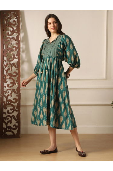 Women Teal Ethnic Print Tie-Up Neck Midi Dress