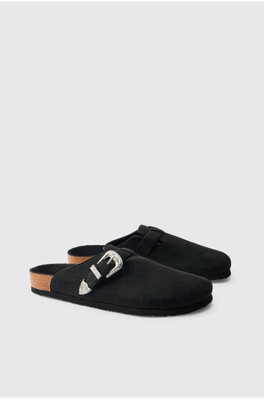 Western Buckle Faux Suede Mule - black