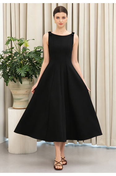Lovely Bowknot Sleeveless Paneled Flare Midi Dress in Black