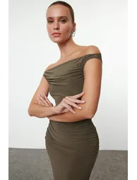 Khaki Body-fitting Carmen Collar Knitted Dress - 3