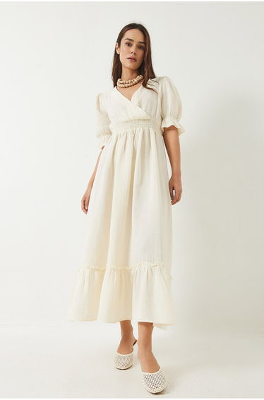 Women's Double Breasted Neckline Long Dress with Elastic Sleeves and Waist
