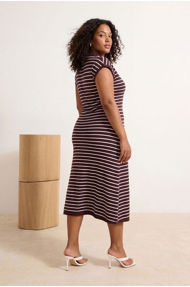 Brown Striped Polo Neck A-Line Midi Knitted Plus Size Dress