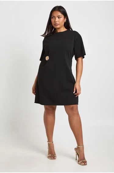 Plus Trim Detail Woven T-Shirt Dress - black