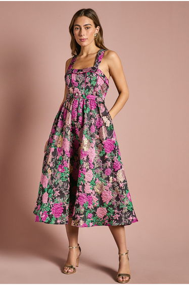 Corset Bodice Full Skirted Jacquard Midi Dress