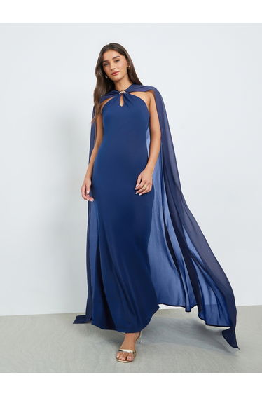 Navy Blue Soft Drape Cape Maxi Dress