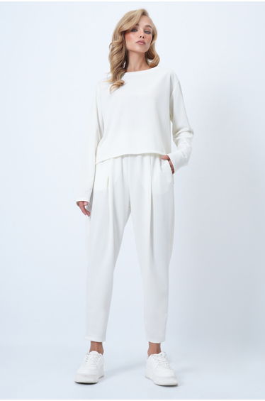 Women's Ecru Crew Neck Wide Cut Blouse and Pleated Front Double Pocket Pants Set