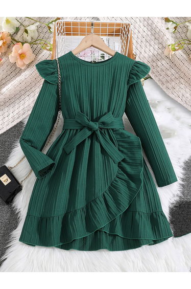 Girls Texture Ruffle Hem Bow Detail Dress