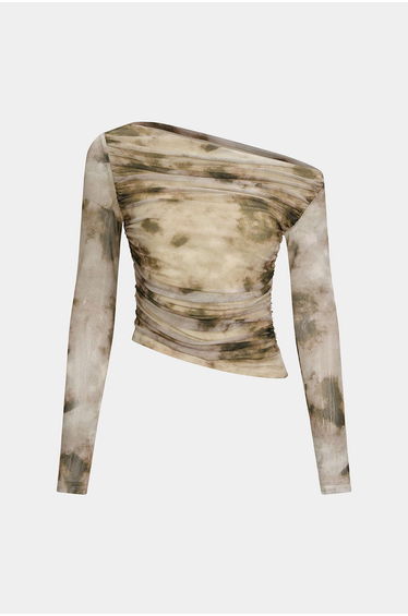 Abstract Print Mesh Off Shoulder Ruched Asymmetrical Long-Sleeve Top