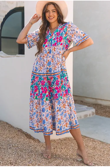 Lvness Blue Mixed Floral Print Tie Split Neck Short Sleeve Dress