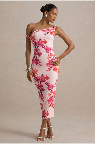 Tatian | Pink and Orange Floral Print Twisted Asymmetric Midi Dress