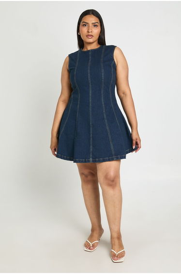 Plus Sleeveless Seam Detail Denim Mini Dress - dark indigo