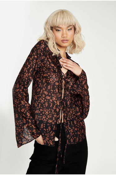 Glamorous Black Orange Floral Tie Front Blouse