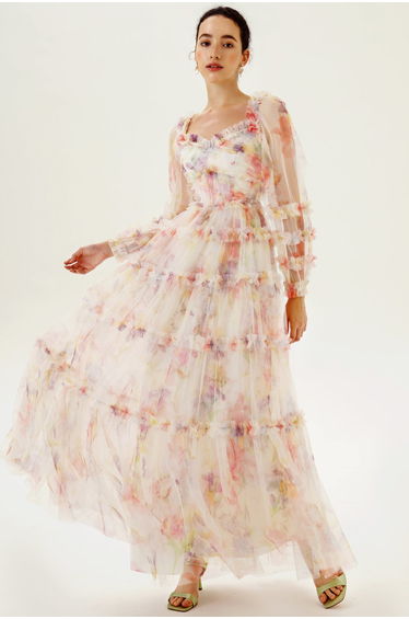 Sylvette Floral Ruffle Hem Maxi Dress Pink
