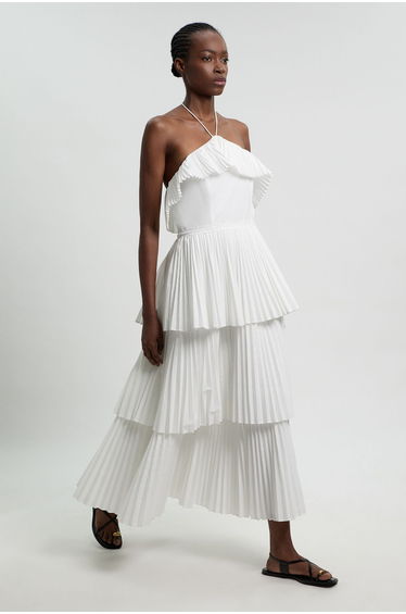 Cotton Poplin Pleat Detail Halterneck Woven Maxi Dress