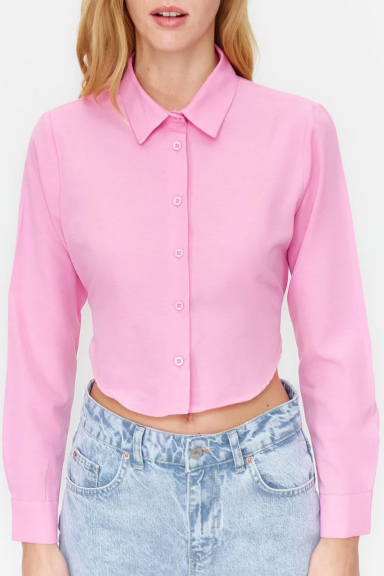 Pink Crop Cotton Woven Back Detail Shirt - 3