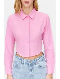 Pink Crop Cotton Woven Back Detail Shirt - 3