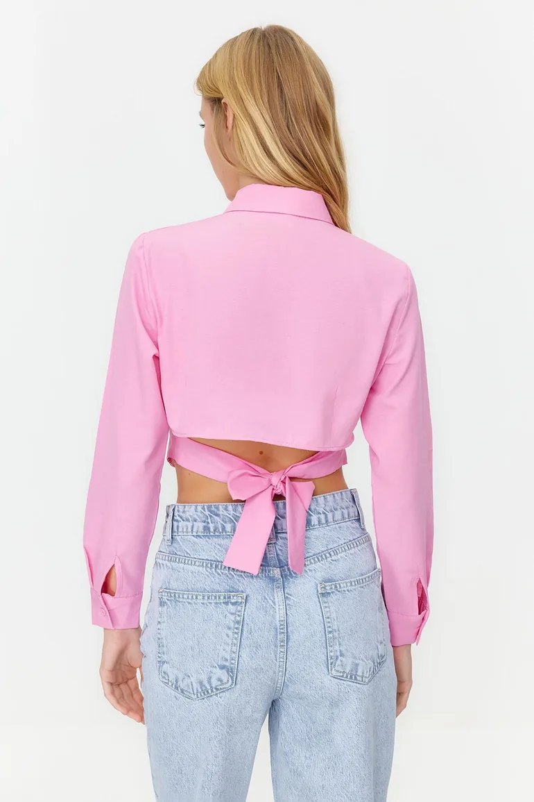 Pink Crop Cotton Woven Back Detail Shirt - 5