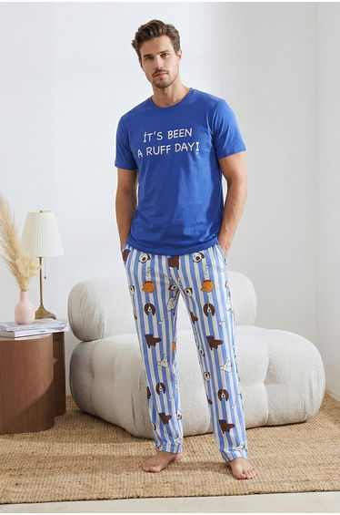 Blue Regular/Normal Fit Short Sleeve Cotton Animal Print Pajama Set