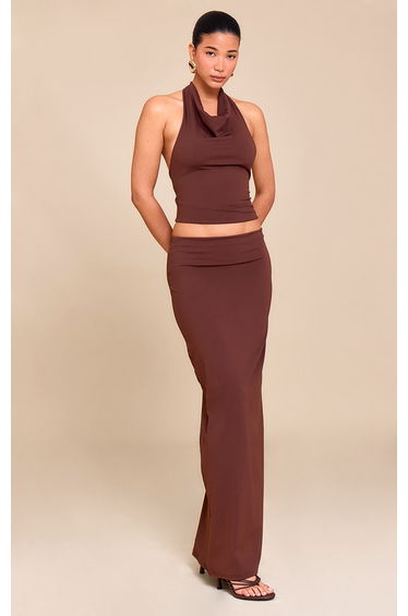 Chocolate Brown Matte Sculpt Mid Rise Maxi Skirt