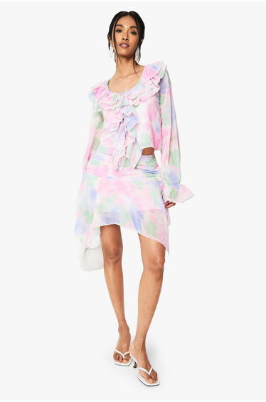 Floral Chiffon Hanky Hem Mini Skirt - blush