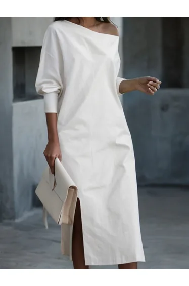 Long Sleeves Loose Solid Color Split-Side One-Shoulder Midi Dresses