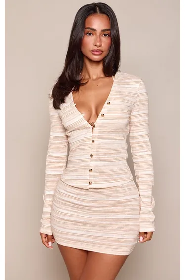 Petite Beige Stripe Brushed Woven Button Up Cardigan Co-ord