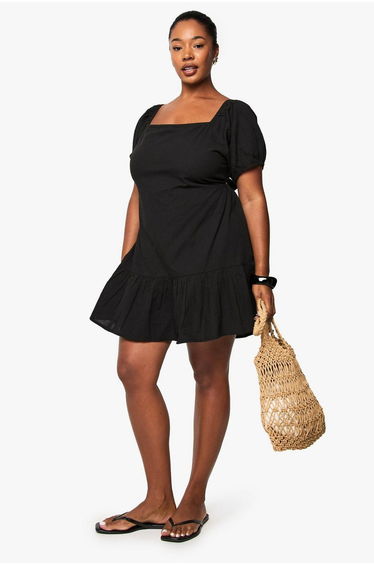PLUS LINEN PUFF SLEEVE MINI SKATER DRESS