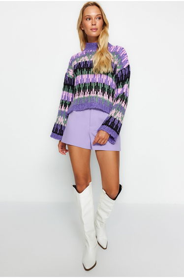 Purple Soft Textured Thick High Neck Knitwear Sweater