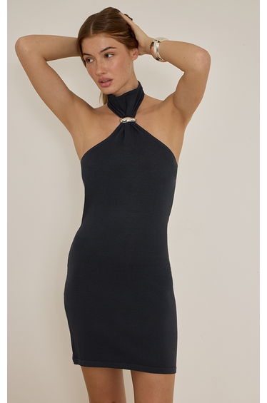 Charcoal Trim Halter Neck Dress