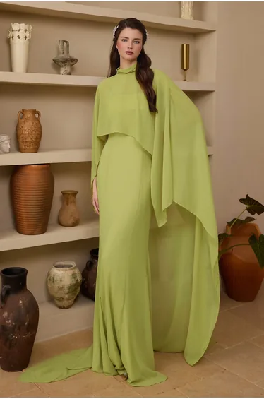 Slip Satin Maxi Dress With Chiffon Cape