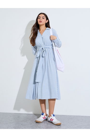 Light Blue Striped Midi Shirt Dress with Tie Waist