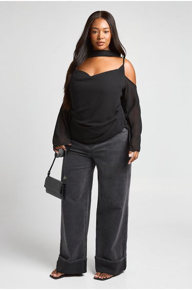 Plus Sheer Cowl Neck Top With Scarf Detail - black