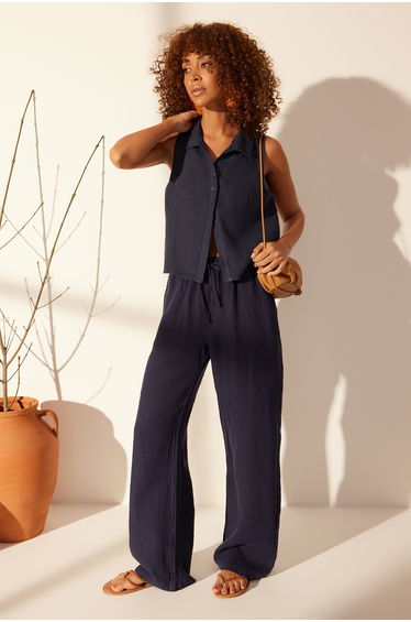 Navy Blue 100% Linen Sleeveless Blouse