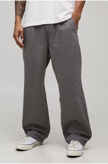 Relaxed Fit Half & Half Waistband Washed Twill Trouser - slate grey