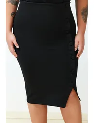 Black Button Detailed Knitted Skirt - 2