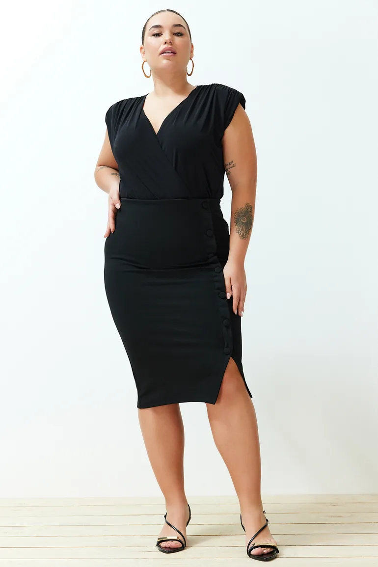 Black Button Detailed Knitted Skirt - 3