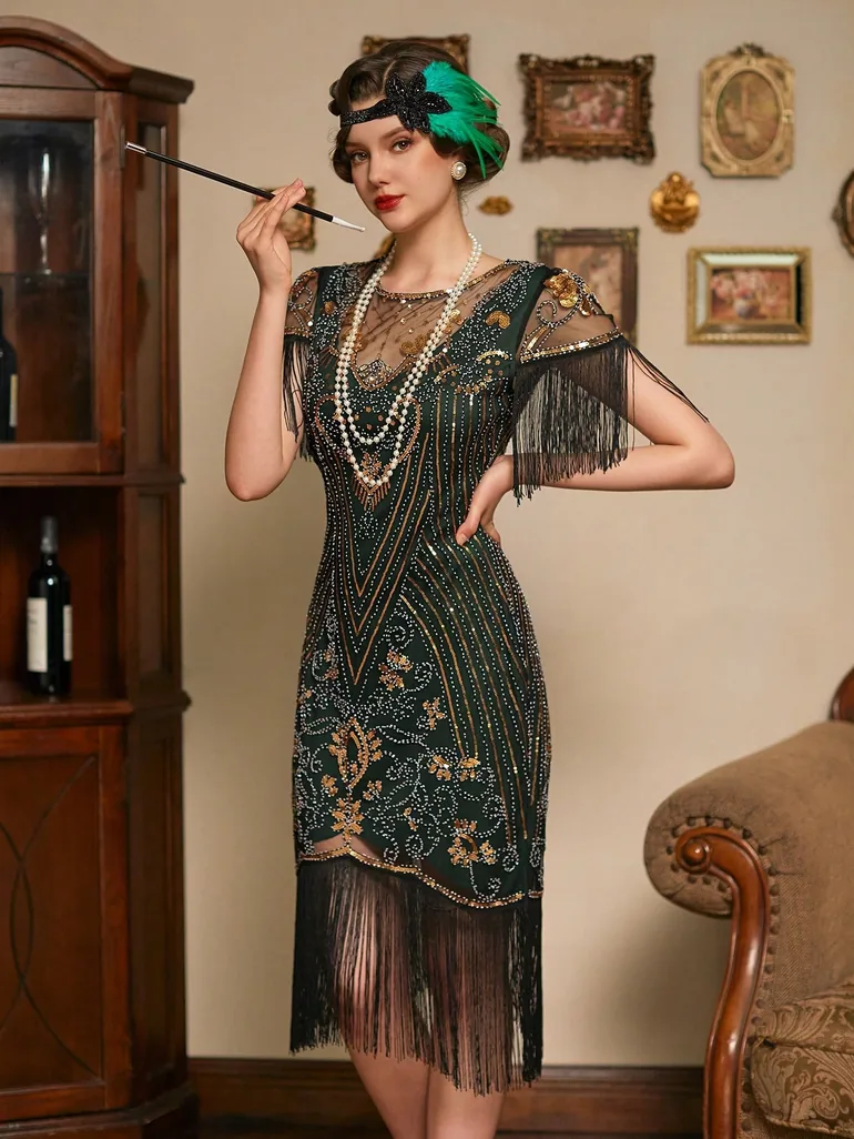 Modecrush 1920s DarkGreen Sequin Decor Fringe Hem Party Dress Leely  Multicolour : Evening Dresses : VogaCloset Iraq
