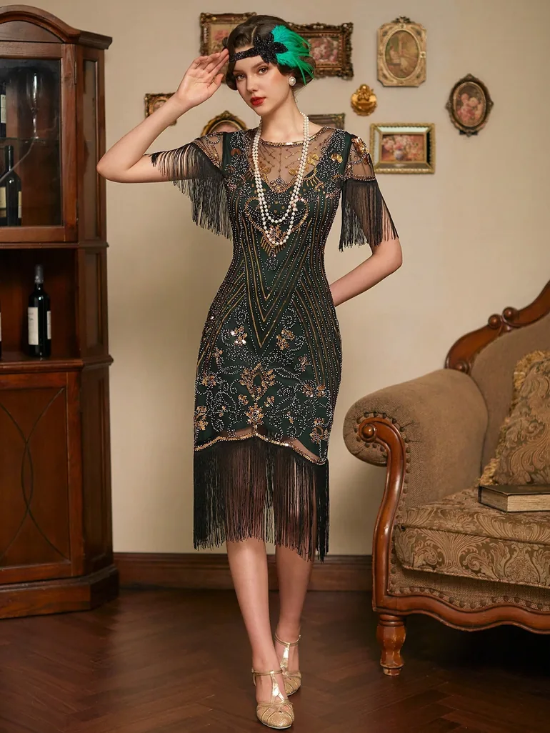 boohoo green sparkly dress Deluxe Green 1920s Flapper Dress – Gatsby Costume with Accessories MEEJOY main image 0