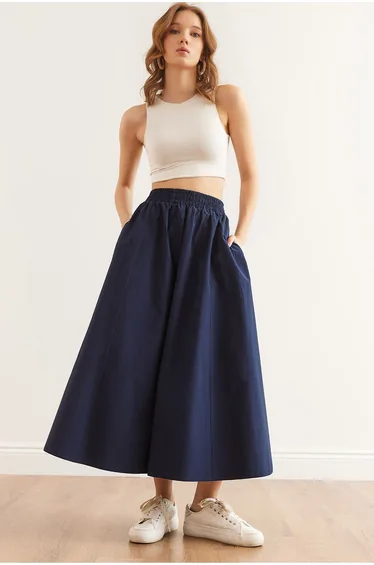 Women's Navy Blue Elastic Waist Parachute Bell Skirt