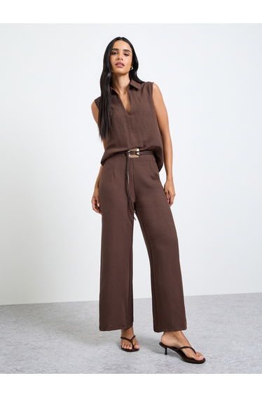 Brown Open Collar Top and Pants Co-Ords Set