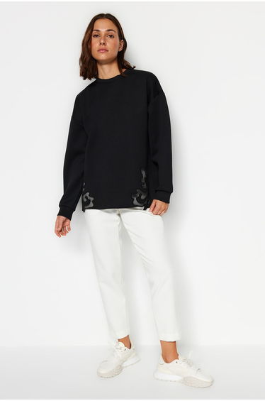 Black Lace Detailed Diver/Scuba Knitted Sweatshirt