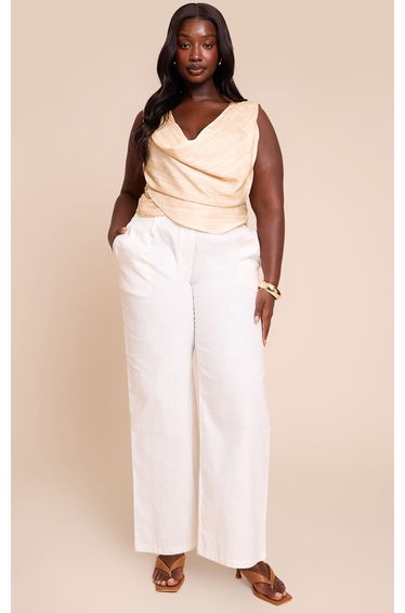 Plus Beige Stripe Matte Satin Trim Drape Detail Cowl Top