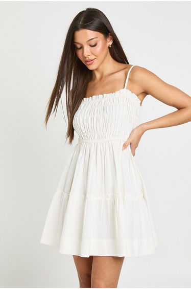 Linen Look Shirred Skater Dress - ivory